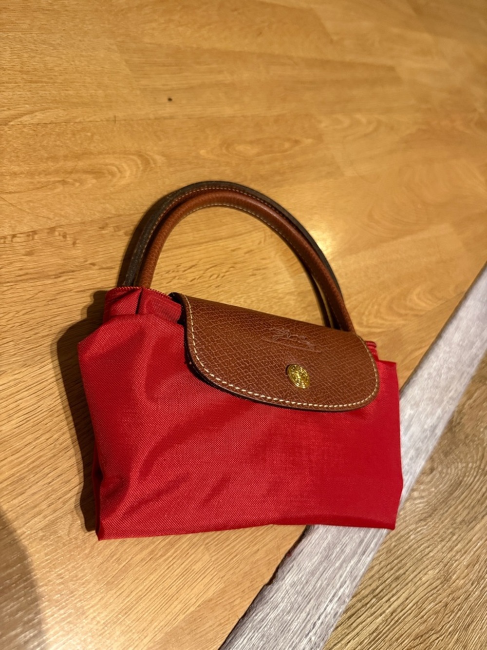Longchamp Red Mini Top-Handle with Brown Leather Flap